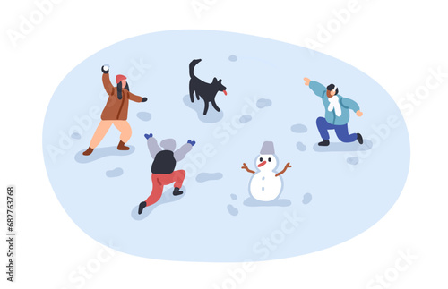 Children playing with snow on winter holidays. Happy active kids during outdoor fun and game with snowballs, snowman in snowy cold weather. Flat vector illustration isolated on white background