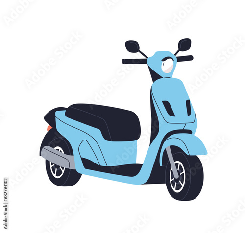 Electric scooter, moped. EV, eco transport. Empty motor bike, motorcycle. Modern urban motorbike, e-vehicle. Flat vector illustration isolated on white background
