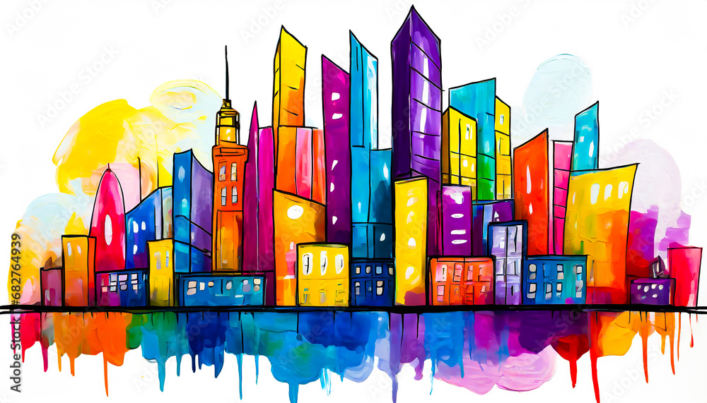 vibrant color Futuristic cityscape in gouache with white background