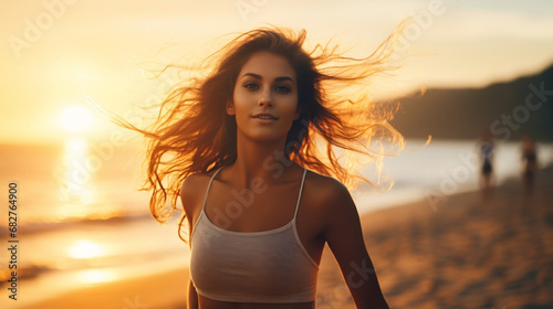 Beauty isolated young woman jogging running on defocused bokeh flare beach background at sunset © BeautyStock