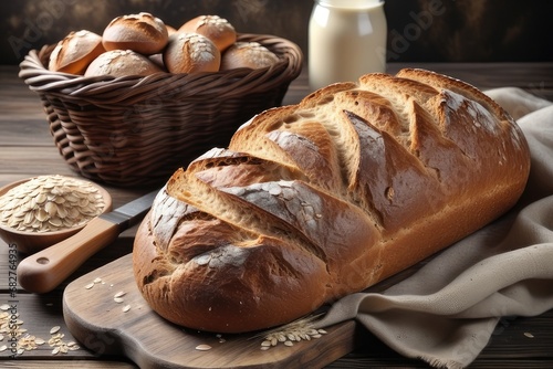 Loaf of bread with sesame seeds and milk on wooden background