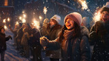 People holding sparklers in winter park