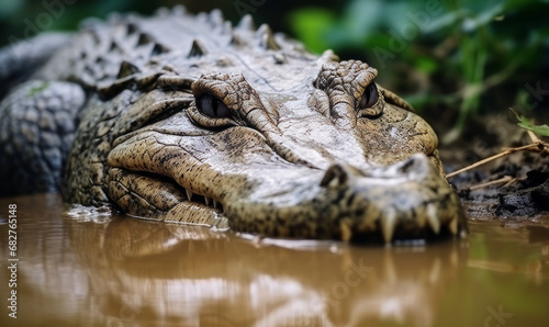 A close-up of an alligator's head, eyes above water, waiting in the wild.