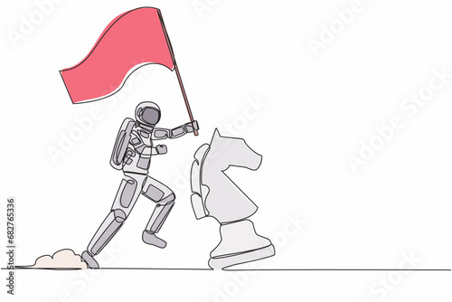 Continuous one line drawing astronaut running and holding flag beside horse chess piece. Celebrating triumph of intergalactic expedition. Cosmonaut outer space. Single line design vector illustration