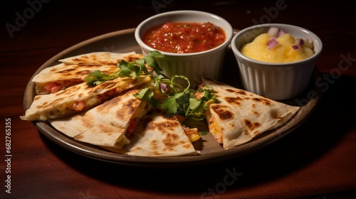 an inviting scene of a hot and cheesy quesadilla with a side of salsa