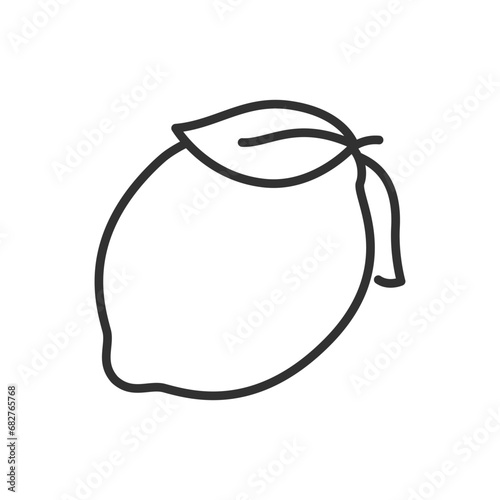 Lemon with leaves, linear icon. Line with editable stroke