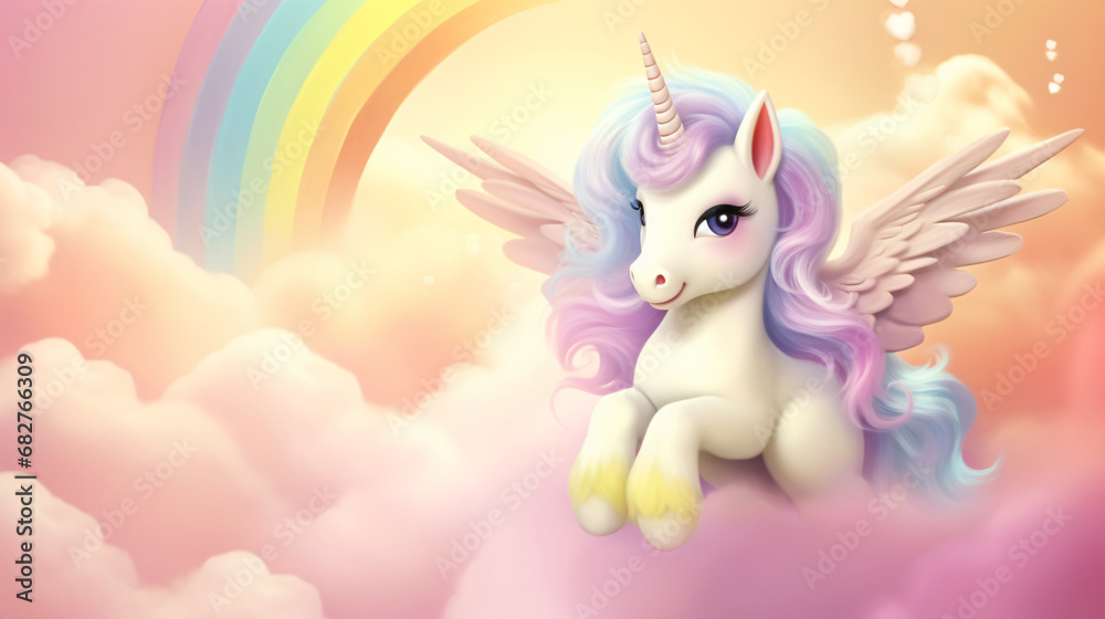 Cute rainbow baby Pegasus unicorn horse background