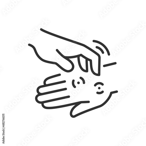 Scratch the hand with a mosquito bite, linear icon. Line with editable stroke