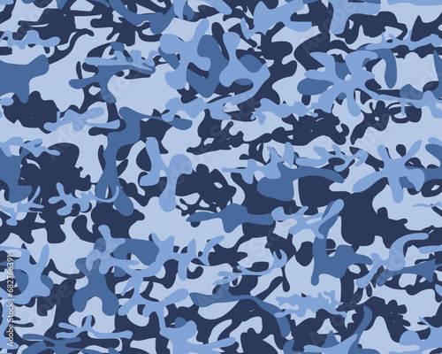Seamless Camo Brush. Modern Military Camoflage. Abstract Vector Camouflage. Blue Blue Camouflage Seamless Print. Dirty Repeat Pattern. Army Navy Canvas. Cloud Camo Print. Vector Blue Pattern.