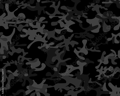 Camouflage Military Hunter. Black Repeat Pattern. Seamless Vector Background. Urban Camo Paint.  Seamless Brush. Modern Gray Pattern. Digital Dirty Camouflage. Army Gray Grunge. Tree Woodland Print. photo