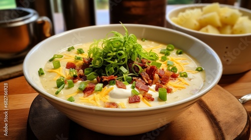 an inviting scene of a loaded baked potato soup with bacon and cheese