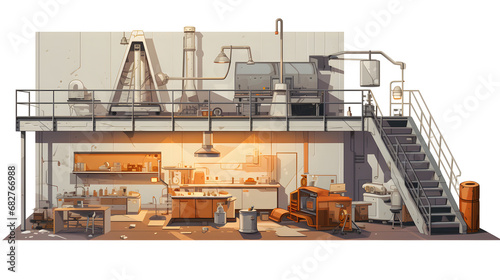 Interior of Industrial with open laboratorium full of equipment in watercolor style