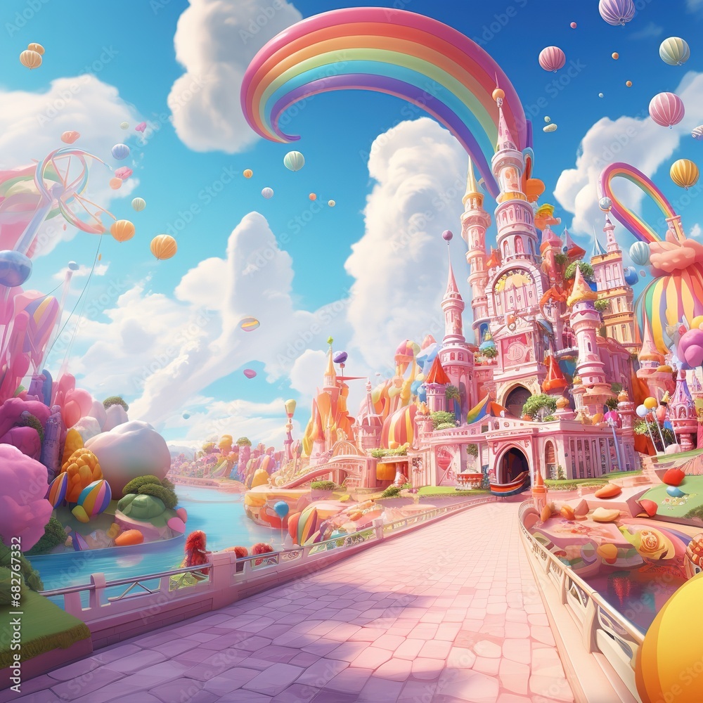 Amusement park colorful candies clouds rainbows fairies candy