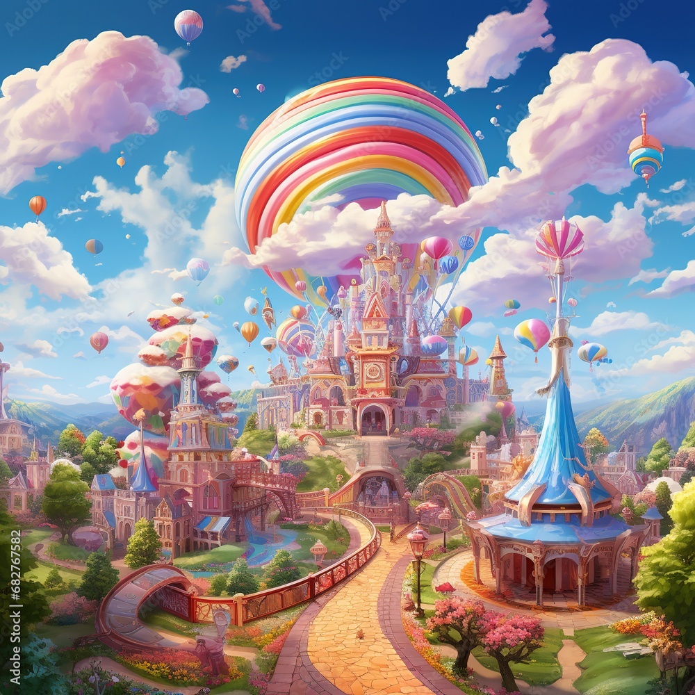 Amusement park colorful candies clouds rainbows fairies candy