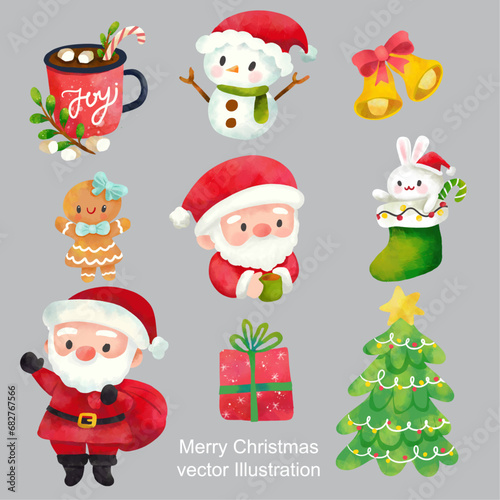 vector illustration of a watercolor of cute Santa clause and Christmas graphic elements for decoration