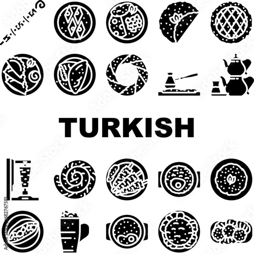 turkish cuisine food dinner icons set vector. restaurant meal, traditional delicious, gourmet dish, table, arab, plate, meat lunch turkish cuisine food dinner glyph pictogram Illustrations