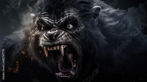 Silverback - adult male of a gorilla face. A gorilla appears to be angry, mouth open, yawning.