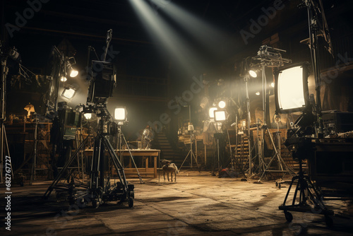 Behind the scenes of a movie scene with projectot lights photo
