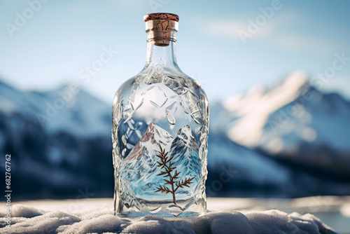 Transparent vodka or tequilla bottle close up, mountains background