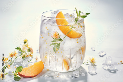 peach gin tonic cocktail with flowers decor