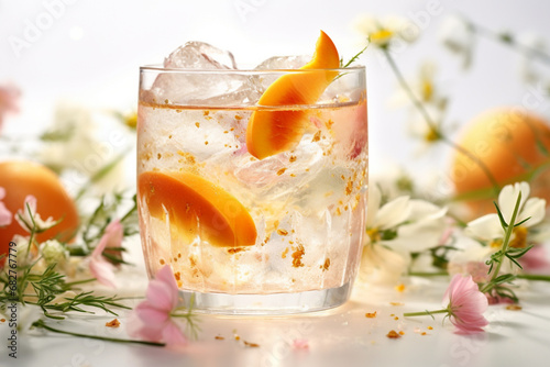 peach gin tonic cocktail with flowers decor