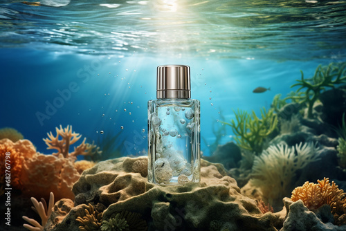 A transparent cosmetic bottle underwater with sunshine rays