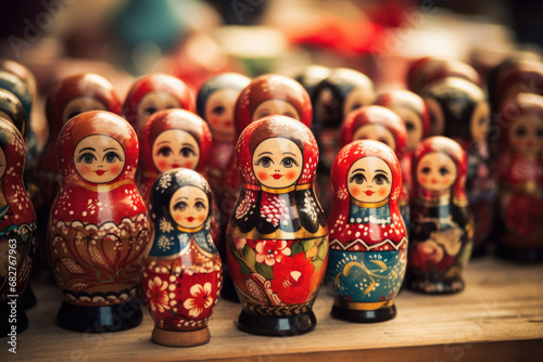 Brightly painted population of wooden Matryoshka or Babuska stacking dolls. Varying sizes. Females faces with red lipstick and rosy cheeks. Girls in traditional floral dresses and scarfs? photo