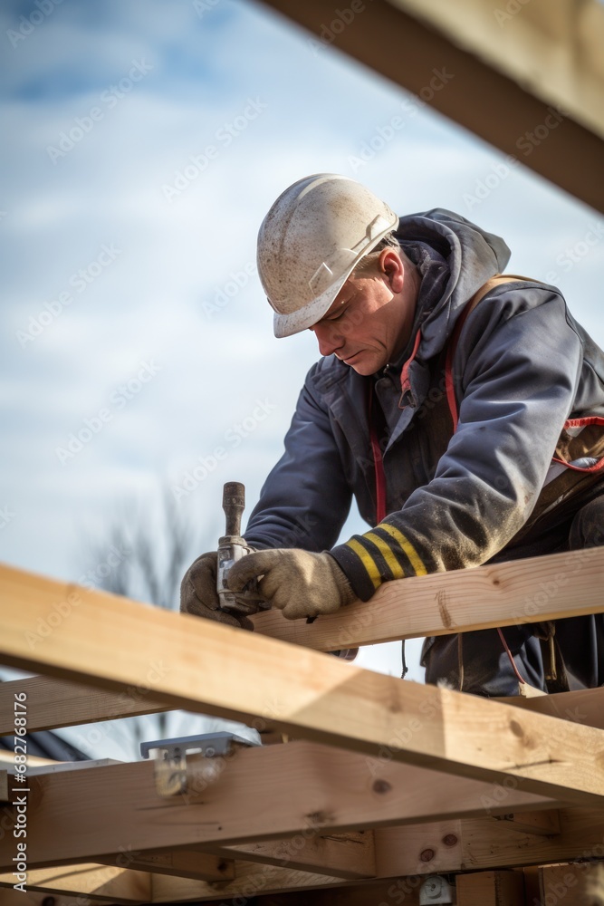 A male roofer is in the process of strengthening the wooden structures of the roof of a house. A middle-aged Caucasian man is working on the construction of a wooden frame house. - obrazy, fototapety, plakaty 