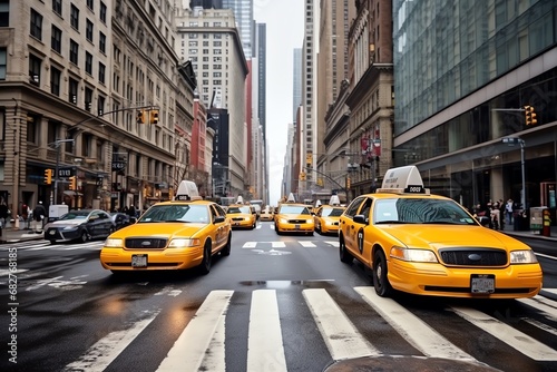 a group of yellow taxi cabs in a city street © Iurie