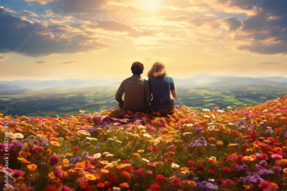 Couple on a hill with blooming flowers. happy heaven. The moment when you deepen your love with your partner and happiness connects the present to the future. Concept for love and valentine with heart