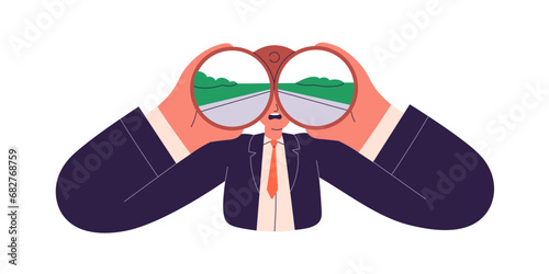 Business man searching, exploring new ways. Employee looking at work opportunities, future through binoculars. Strategy and vision concept. Flat vector illustration isolated on white background