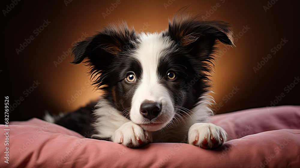 Serenity in Shades: Dark Brown and White Border Collie Puppy Lounging Luxuriously on a Pink Pillow - Generative AI Serenity in Shades: Dark Brown and White Border Collie Puppy Lounging Luxuriously on a Pink Pillow - Generative AI