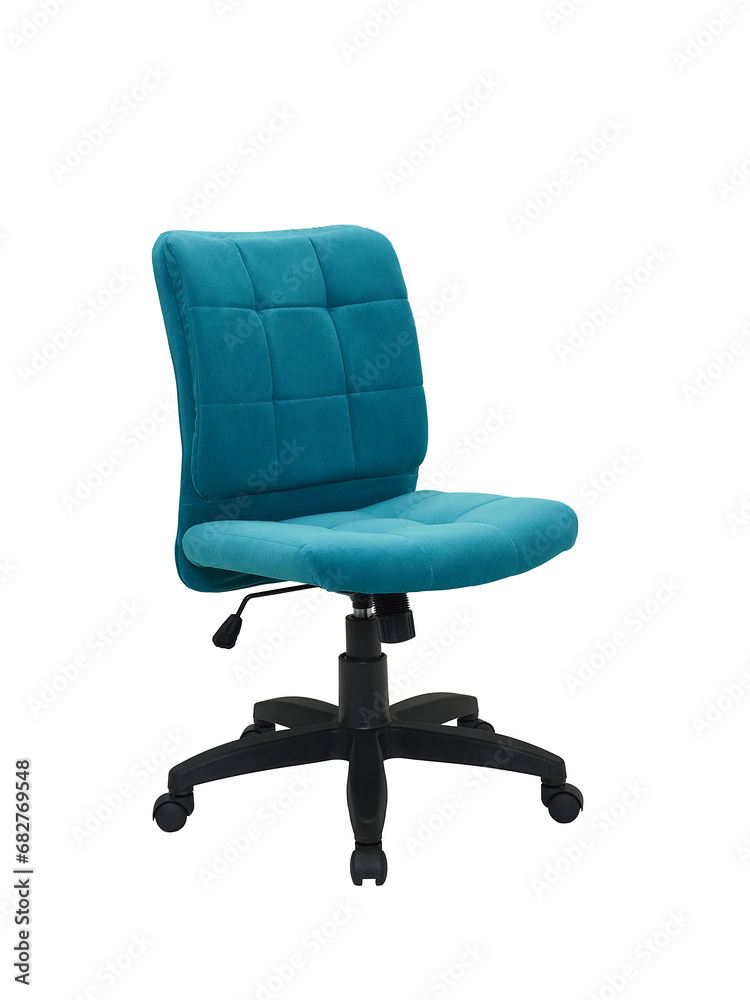 blue office fabric armchair on wheels isolated on white background, side view blue office fabric armchair on wheels isolated on white background, side view