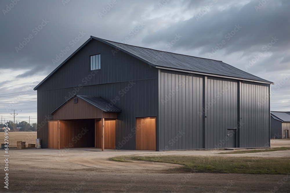 a large building with a garage door a large building with a garage door