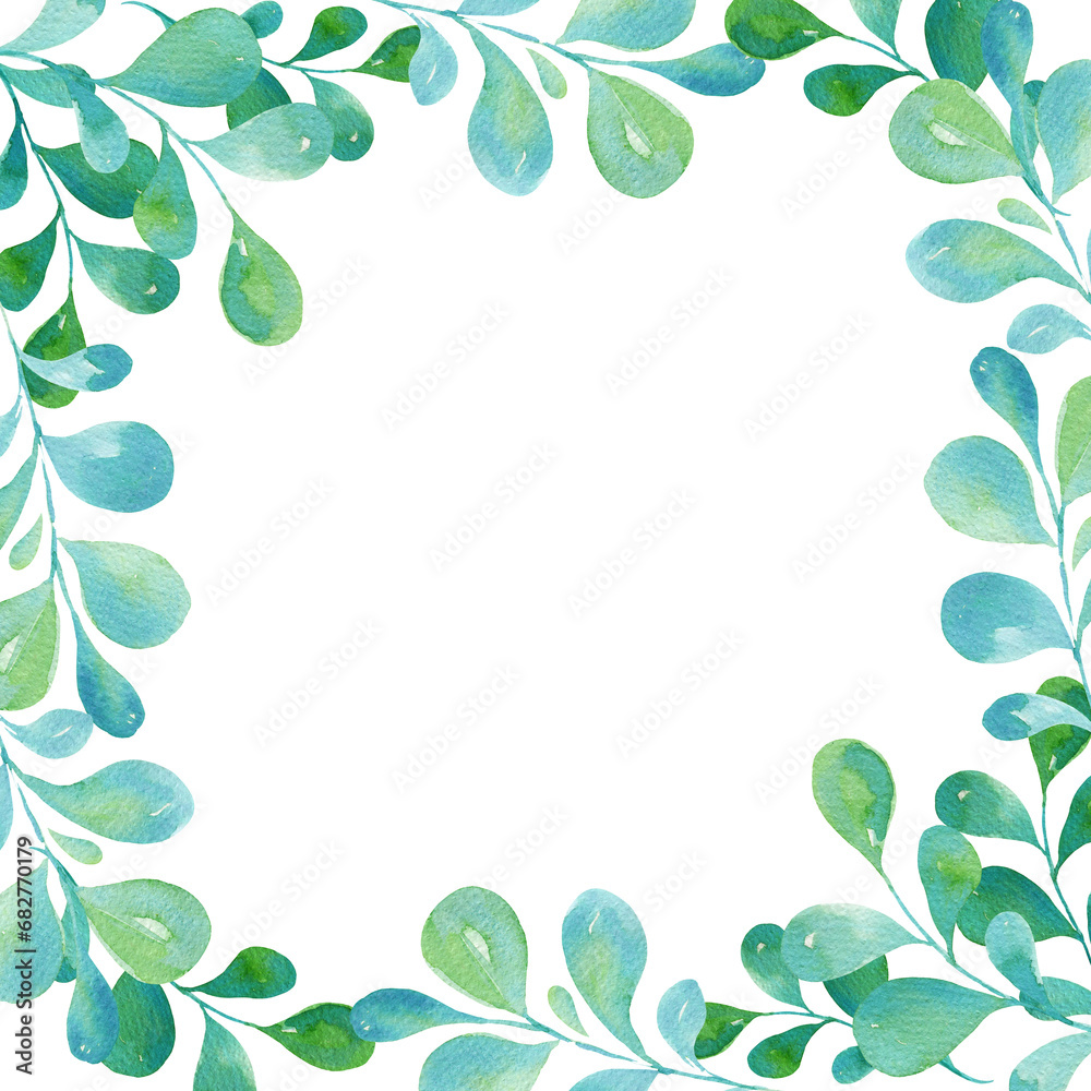 watercolor square frame with green and blue leaves, gradient in illustration, sketch, green and blue color, herbal ornament isolated on white background