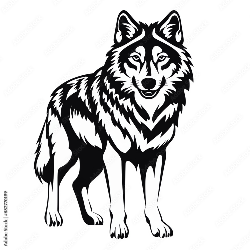 a black and white image of a wolf