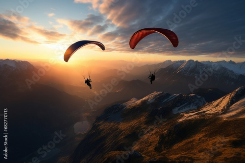 Two paragliders flying over mountains at sunset