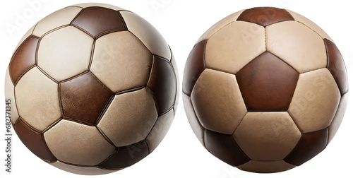 Close-up of two old brown and white soccer balls, isolated on white or transparent background. Png.
