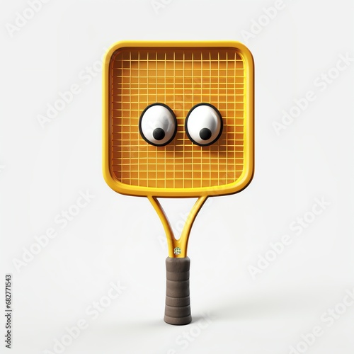 a yellow racket with eyes on it