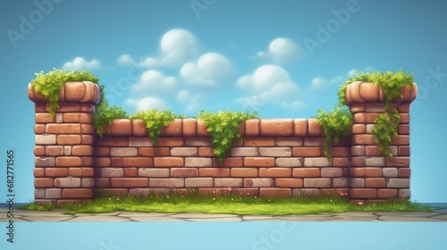 a cartoon brick wall with plants on it