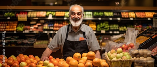 Portrait of a senior man selling fruits in a grocery store.