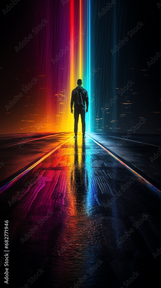 a man standing on a road with rainbow lights