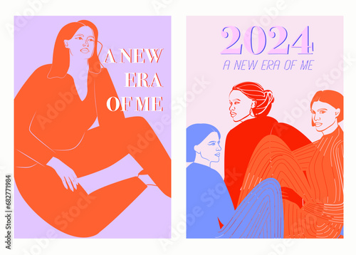 Trendy posters with woman and inspiration quotes. Modern woman art. Editable vector illustration.