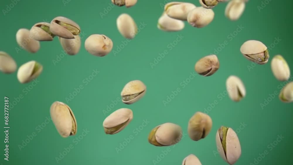 Salted pistachios are flying up and rotating on the green background Salted pistachios are flying up and rotating on the green background