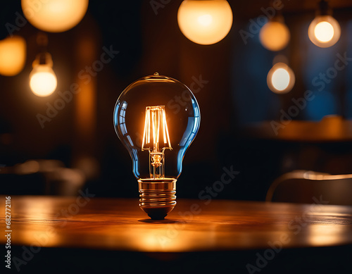  features a glowing light bulb on a wooden table, emitting a warm, inviting glow, set against a dark blue background, creating a cozy atmosphere