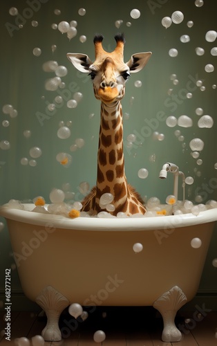 a giraffe in a bathtub with bubbles