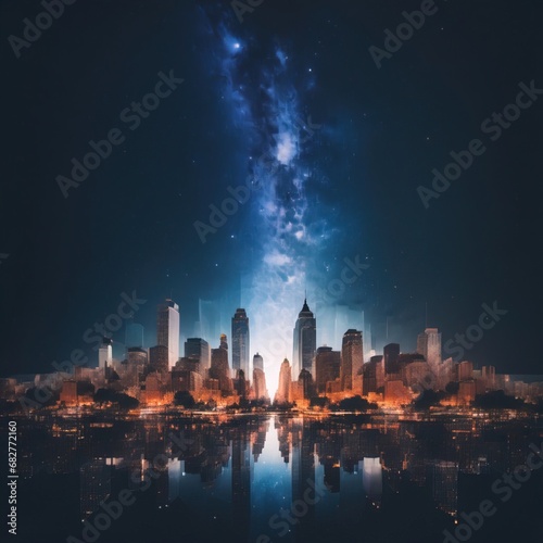 City skyline at night with starry background and glowing sunrise  digital illustration