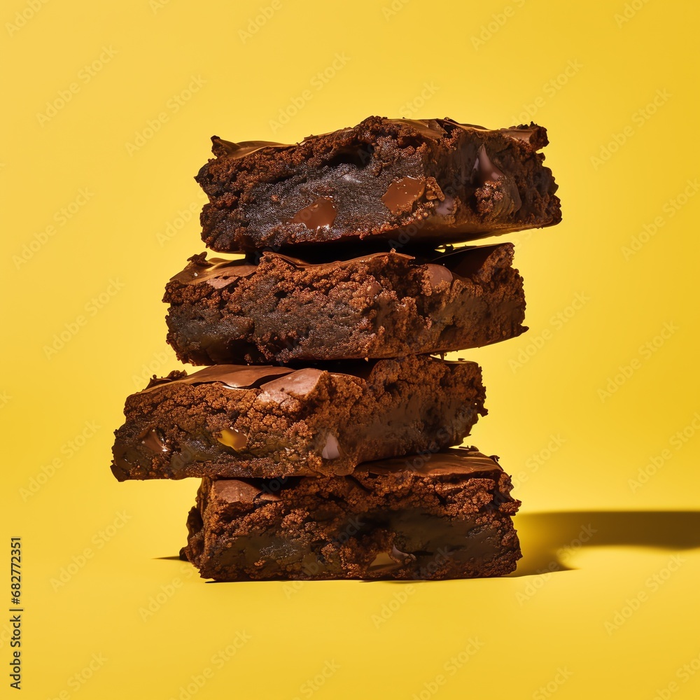 a stack of brownies on a yellow background