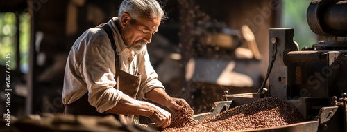 Wide horizontal web banner of a man farmer working on traditional premium raw coffee beans quality checking and processing in a grinding mill  