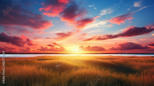 a sunset over a field of grass